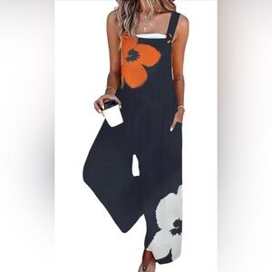 🆕Floral Overalls One Piece Wide Leg Pants Rompers with Pockets